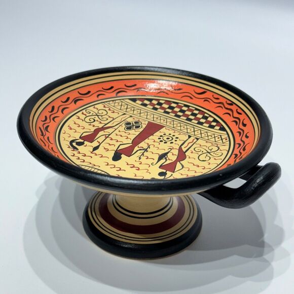 Vintage Hand Made Savas Ceramics Rhodes Small Pedestal Bowl Greek Figures (A9) - Picture 8 of 16